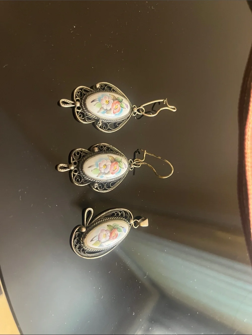 Vintage  Russian Porcelain painted Earrings and Pendant